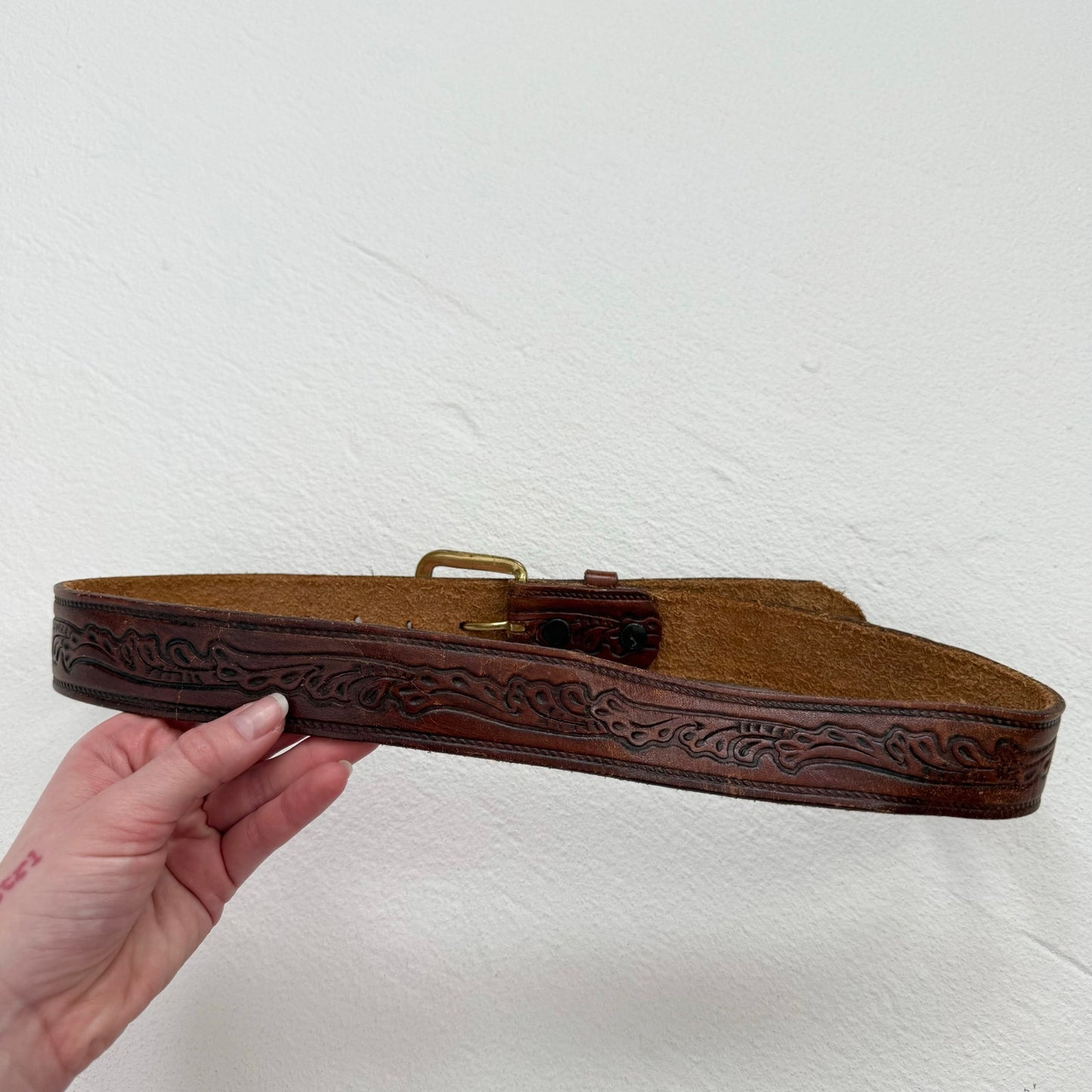 Vintage Brown Tooled Leather Belt, Size M/L