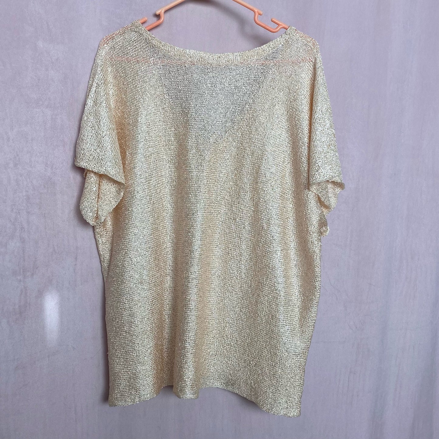 Y2K Cream Sequins Deep V-Neck Short Sleeve Knit Top, Size XL