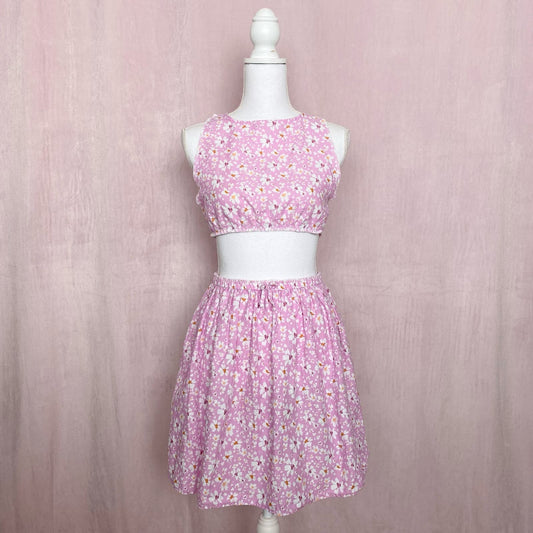 Upcycled Pink Floral Linen Blend Crop Top & Skirt Set, Size XS