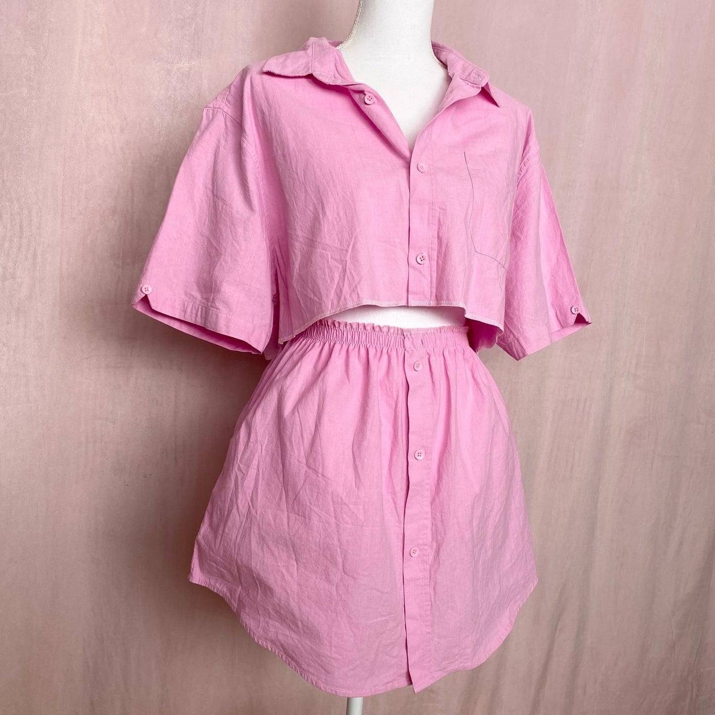Upcycled Pink Cotton Linen Two Piece Skirt Set, Size M/L