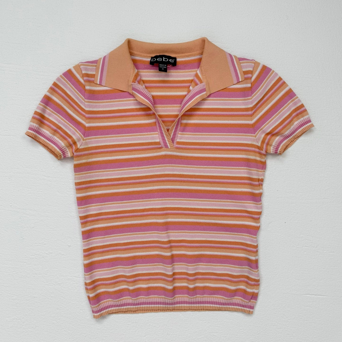 Y2K Bebe Pink Orange Ribbed Stripe Polo Top, Size Medium