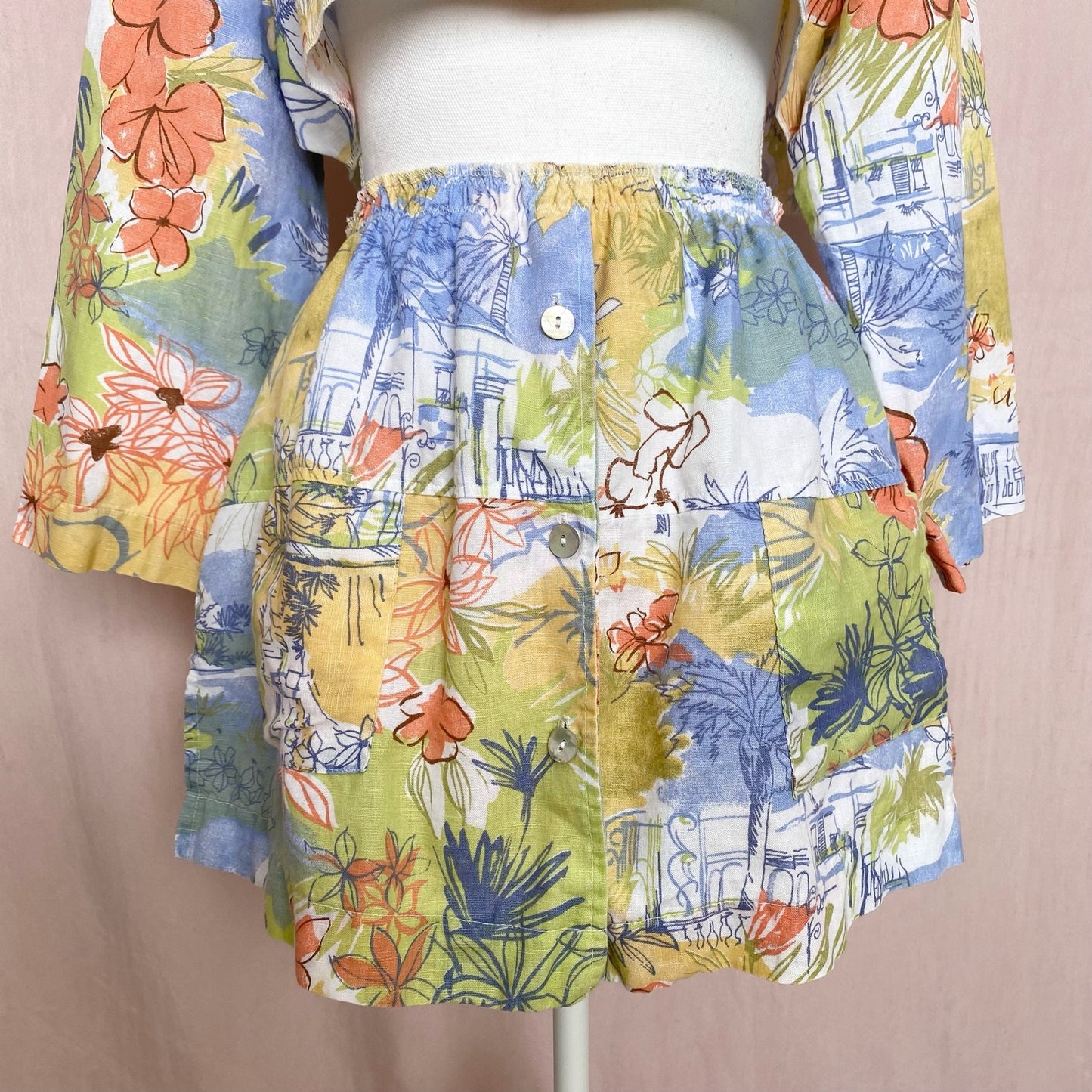 Upcycled Vintage Linen Blend Tropical Button Up Skirt Set, Size Small