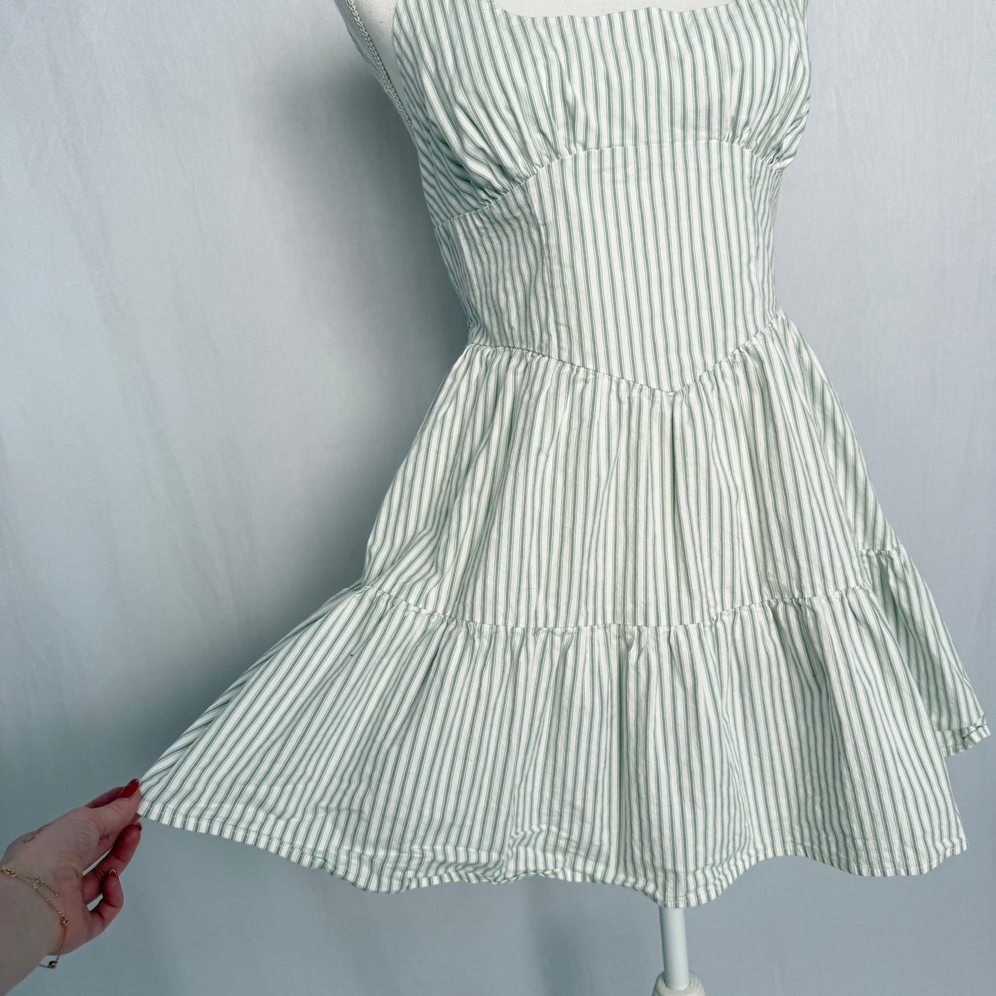 Secondhand Wild Fable Green White Stripe Halter Fit & Flare Mini Dress, Size Medium