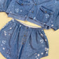Upcycled Vintage Denim Bleach Heart Button Front Skirt Set, Size M/L