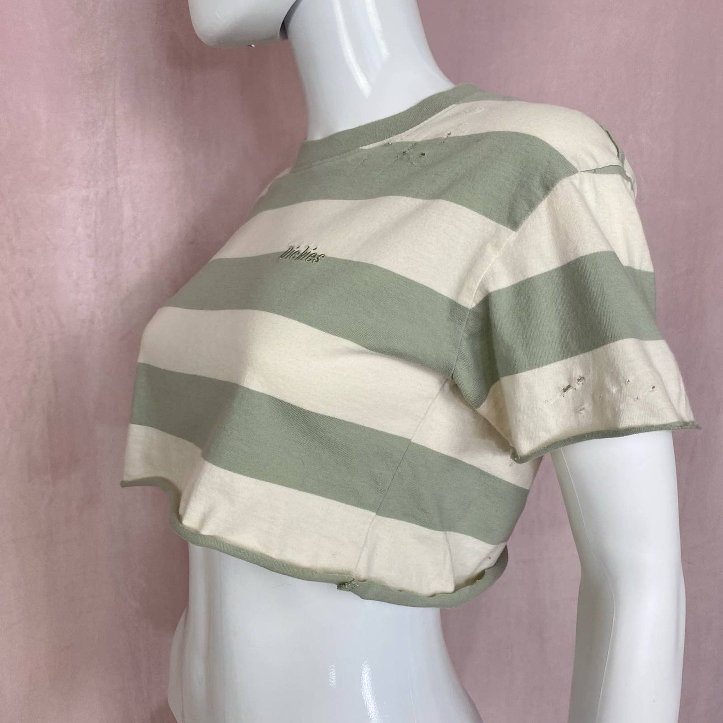 Reworked Dickies Rugby Stripe Distressed Crop Tee, Size XS
