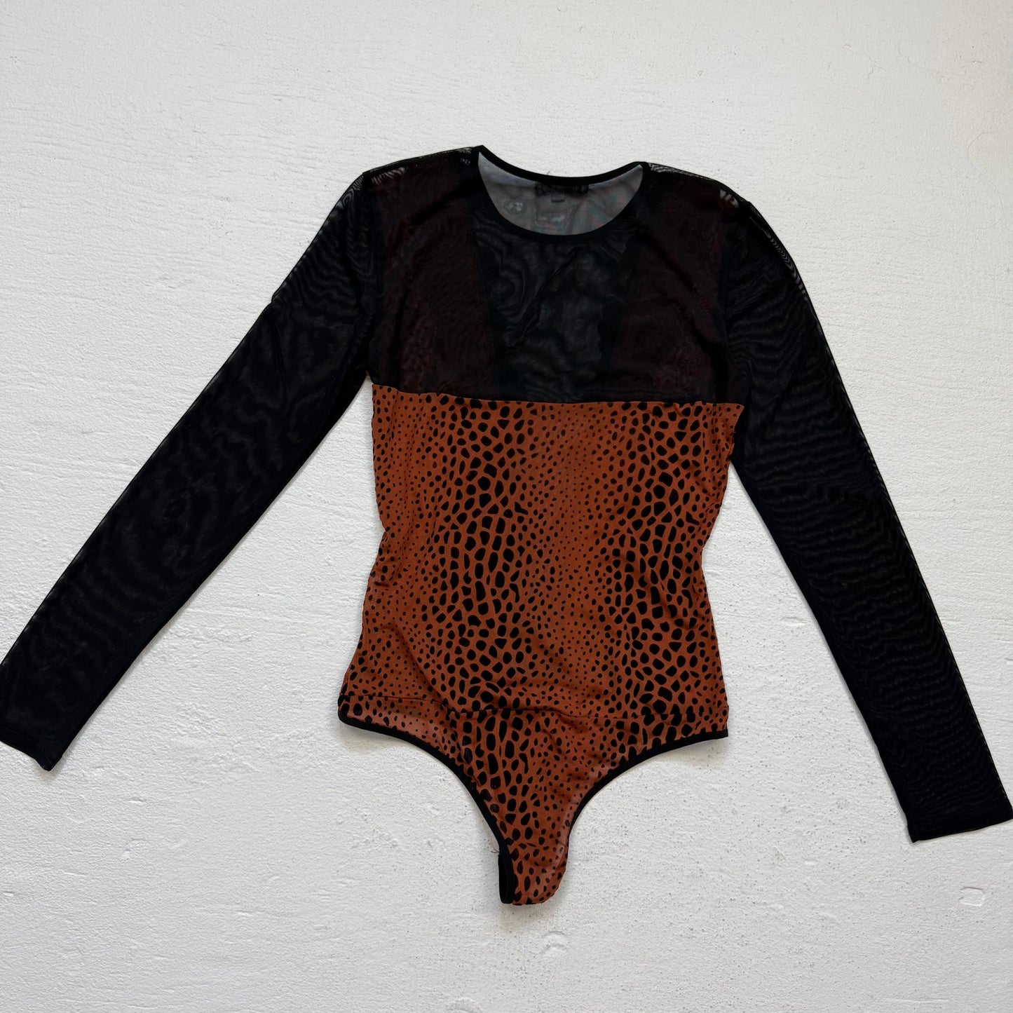 Y2K Deco Style Mesh Velvet Animal Print Bodysuit, Size Medium