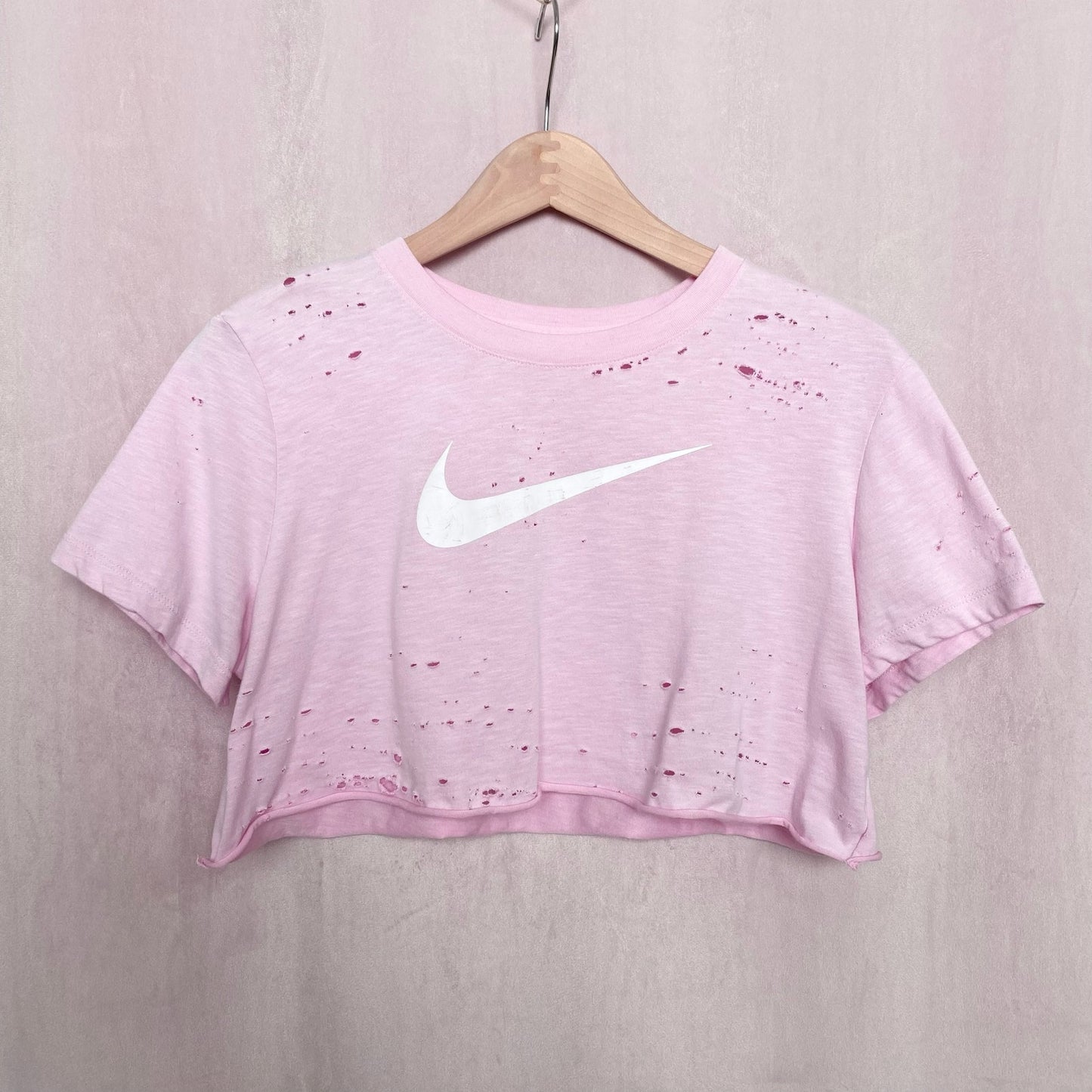 Reworked Nike Swoosh Pink Distressed Crop Tee, Size Large