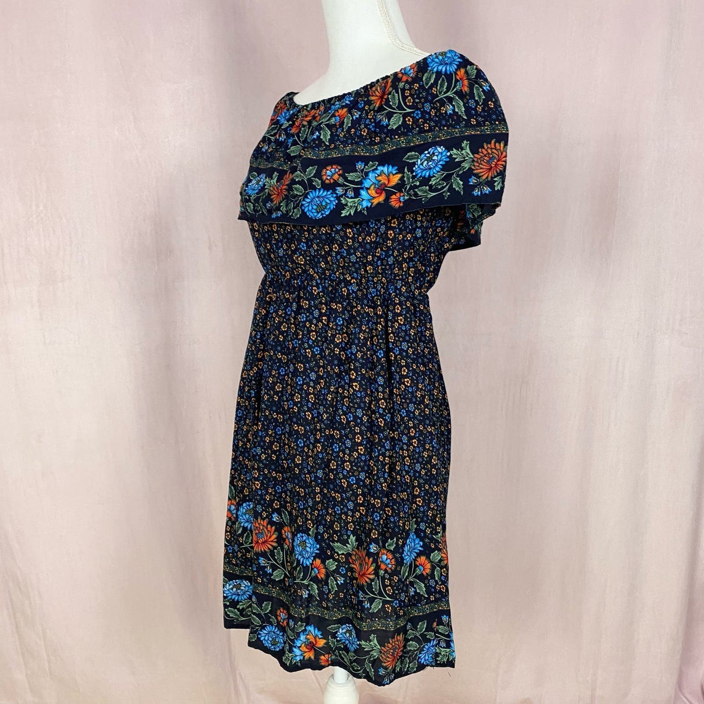 Secondhand Off Shoulder Boho Floral Swing Mini Dress, Size Small