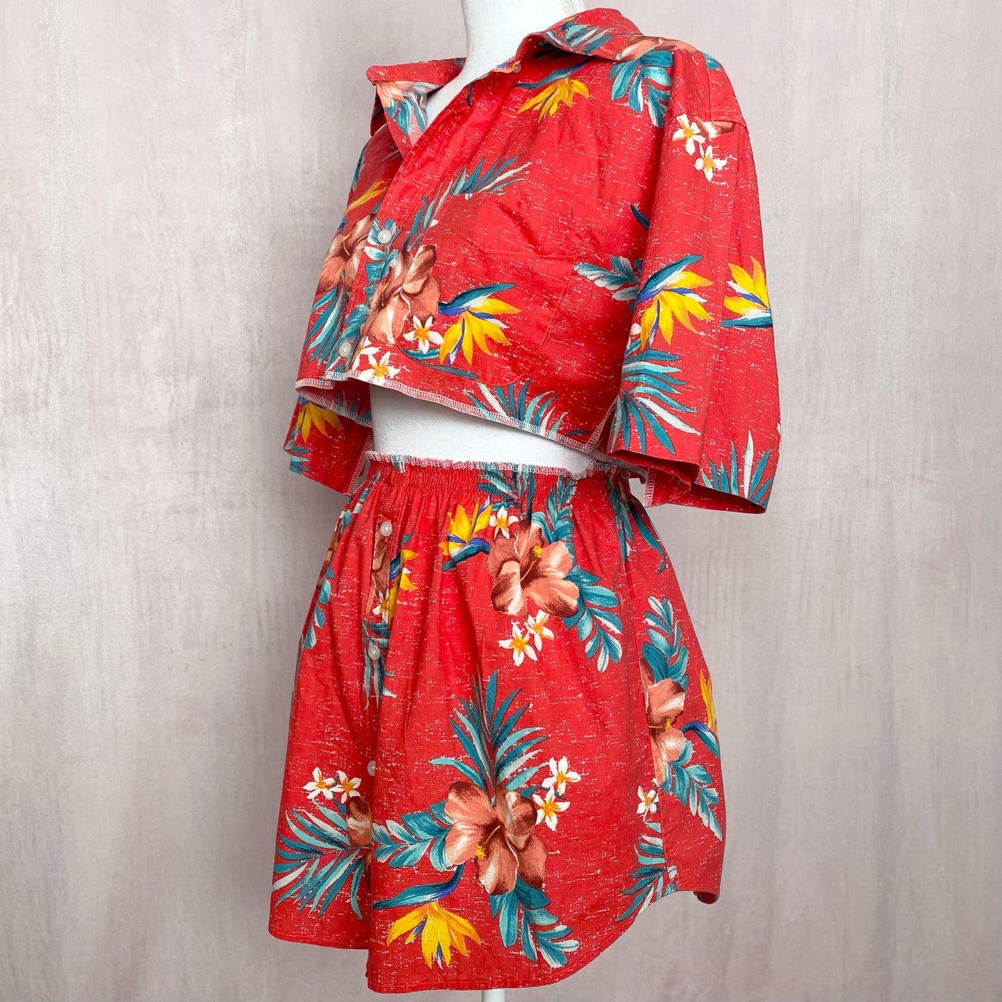 Upcycled Hawaiian Crop Button Up Shirt & Skirt Set, Size XS/S