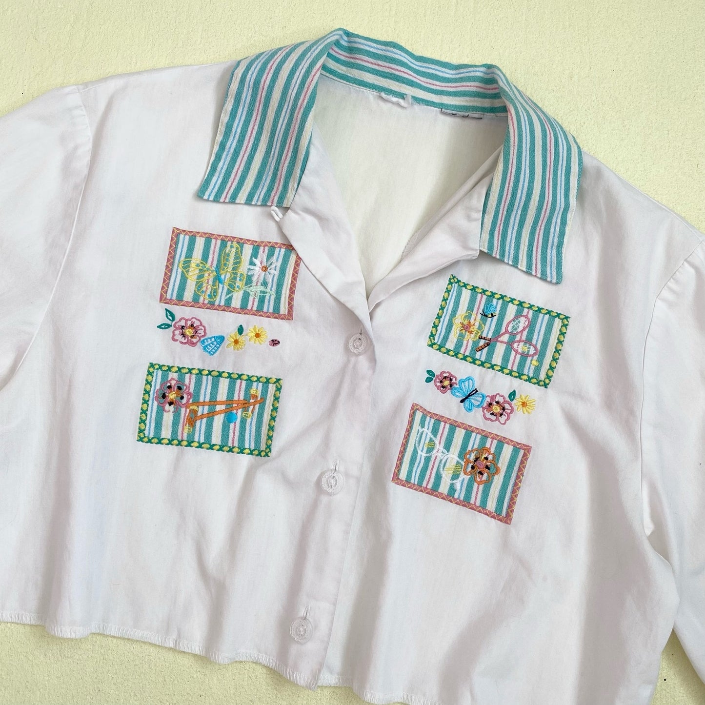 Upcycled Vintage Embroidered Crop Button Up Shirt, Size Large