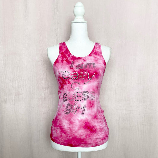 Y2K Guess Rhinestone Pink Tie Dye Tank Top, Size Large