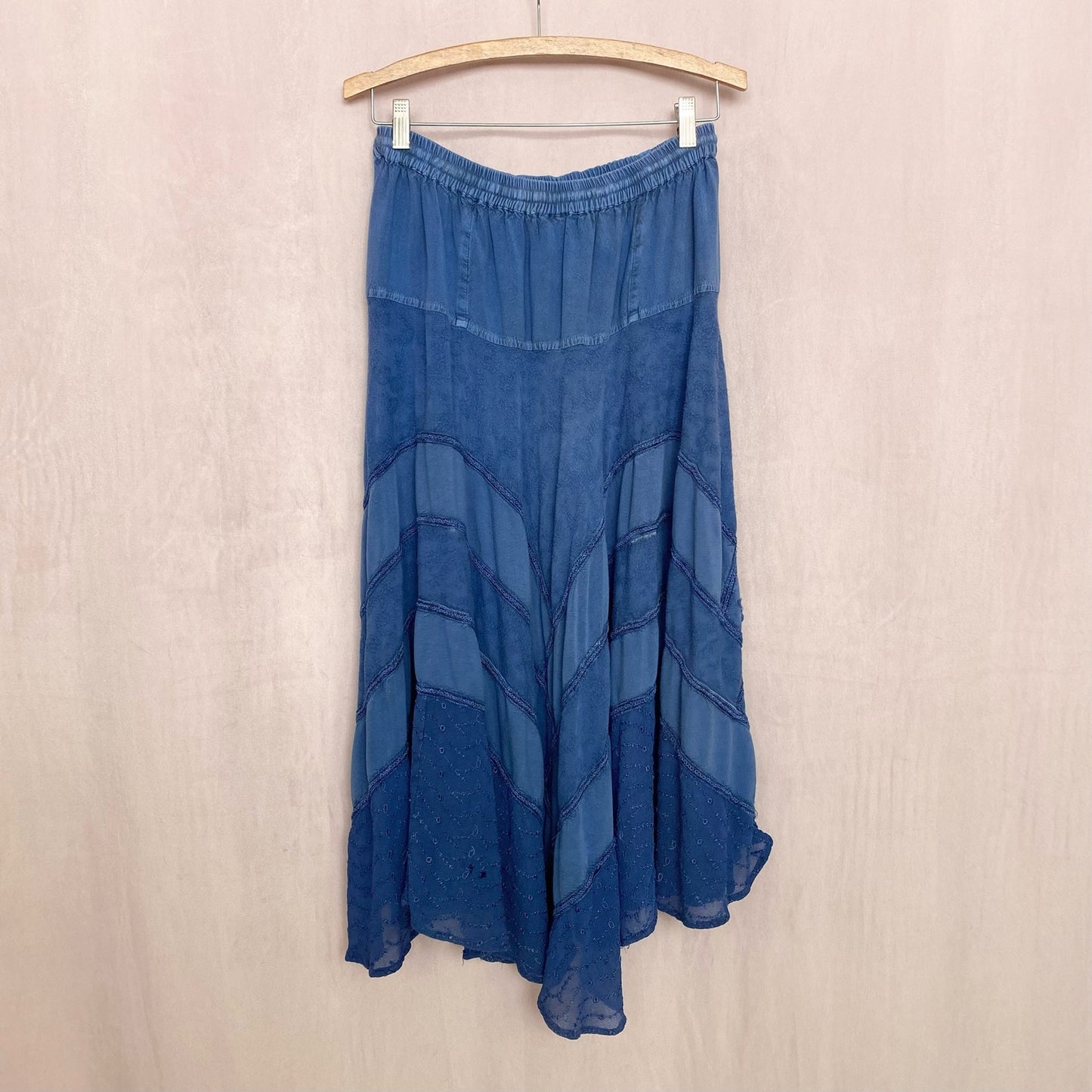 Vintage Boho Hippie Blue Tiered Asymmetrical Midi Skirt, "Free Size"
