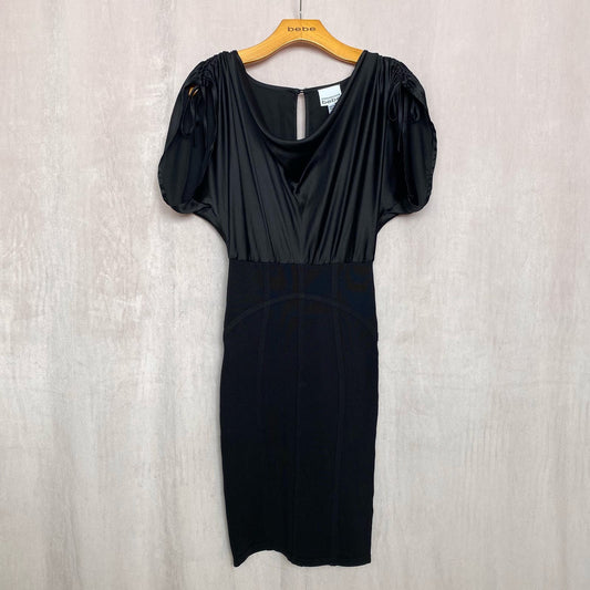 Kardashians Bebe Black Silk Cowl Neck Bandage Dress, Size XS