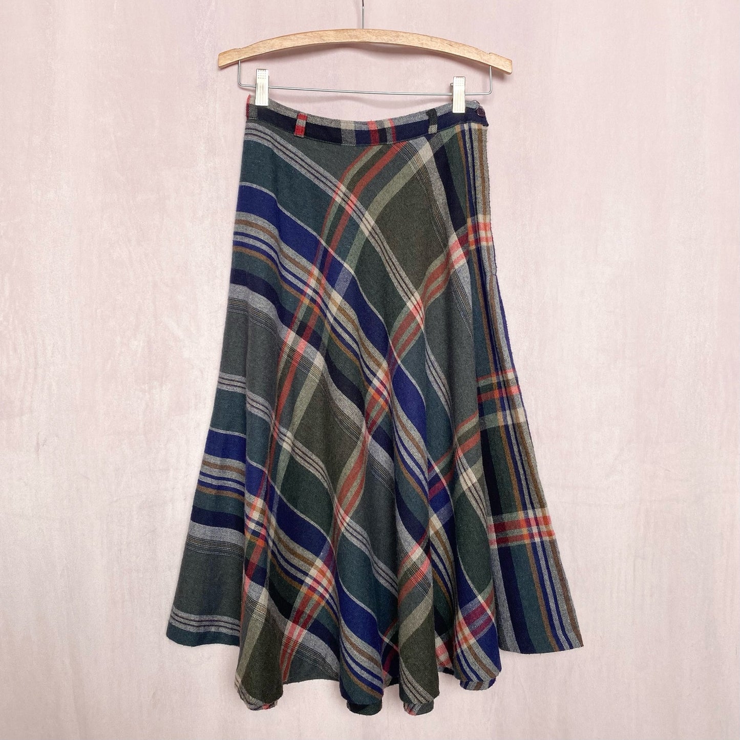 Vintage Plaid Wool Blend A-Line Midi Skirt, Size 25”