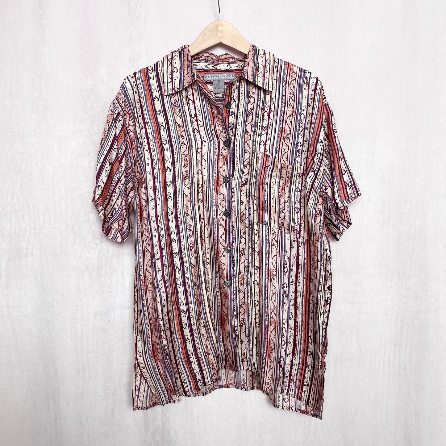 Vintage Robert Stock Silk Stripe Button Up Shirt, Size Medium