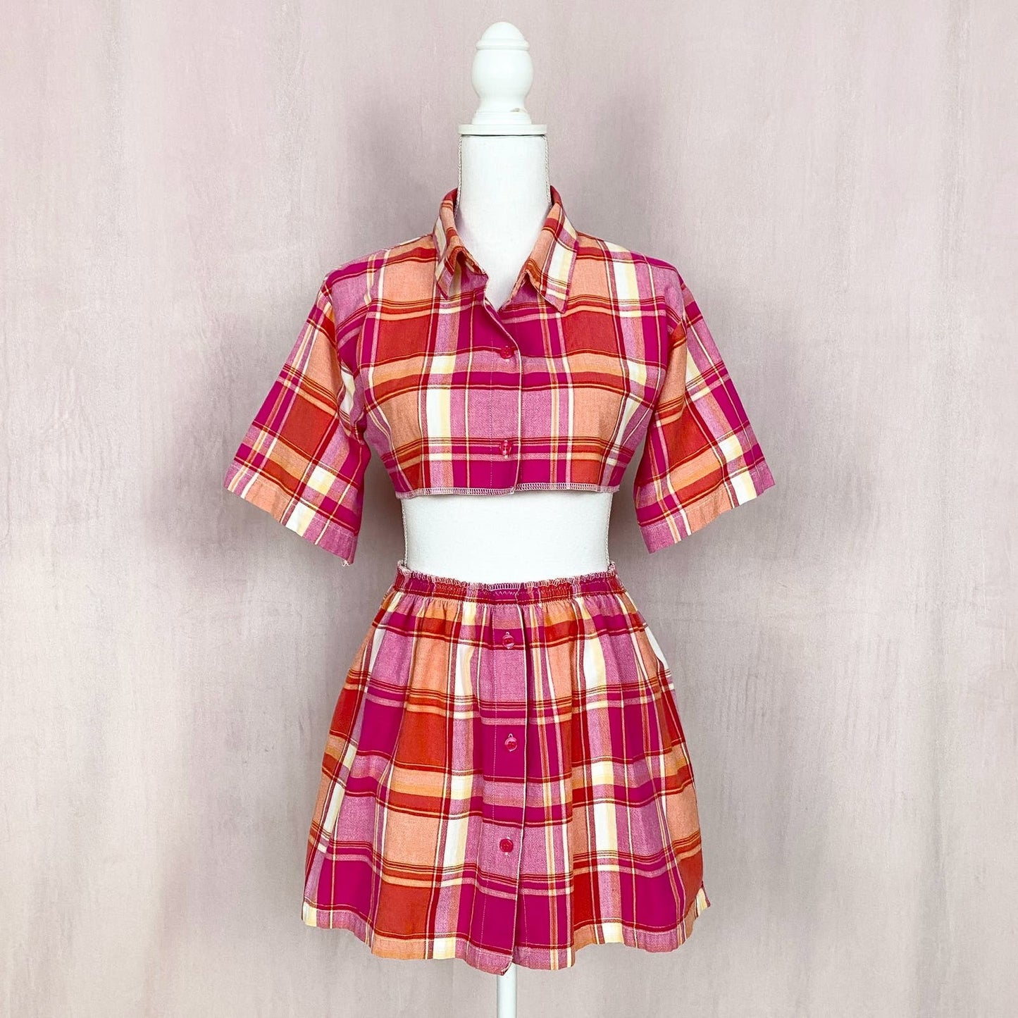 Upcycled Vintage Plaid Crop Shirt & Skirt Set, Size S/M