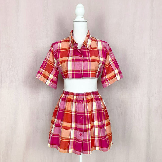 Upcycled Vintage Plaid Crop Shirt & Skirt Set, Size S/M