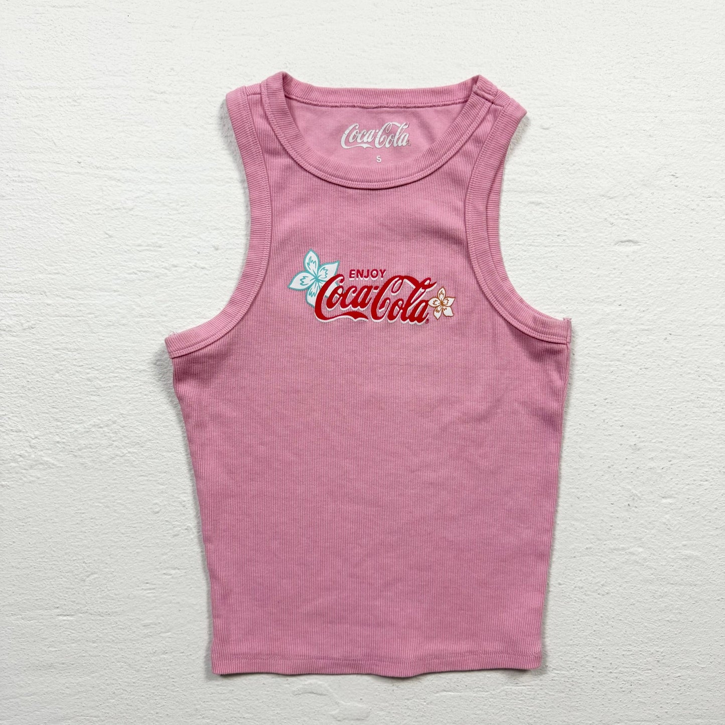 Secondhand Coca-Cola Pink Ribbed Graphic Tank Top, Size Small