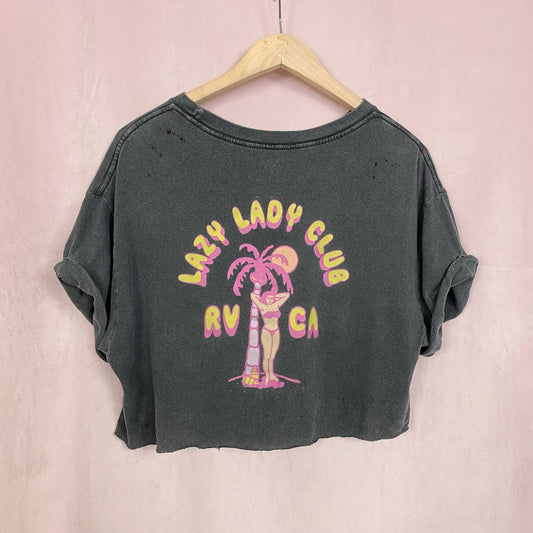 Reworked RVCA Lazy Lady Club Distressed Crop Tee, Size Small