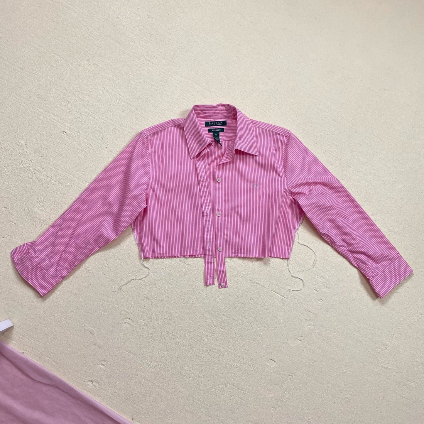 Upcycled Ralph Lauren Pink Stripe Crop Button Up Top, Size XS
