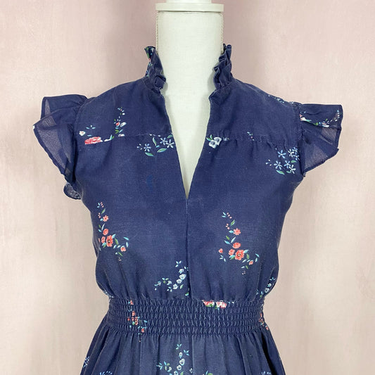 Vintage Handmade Floral Cotton Midi Dress, Size XS