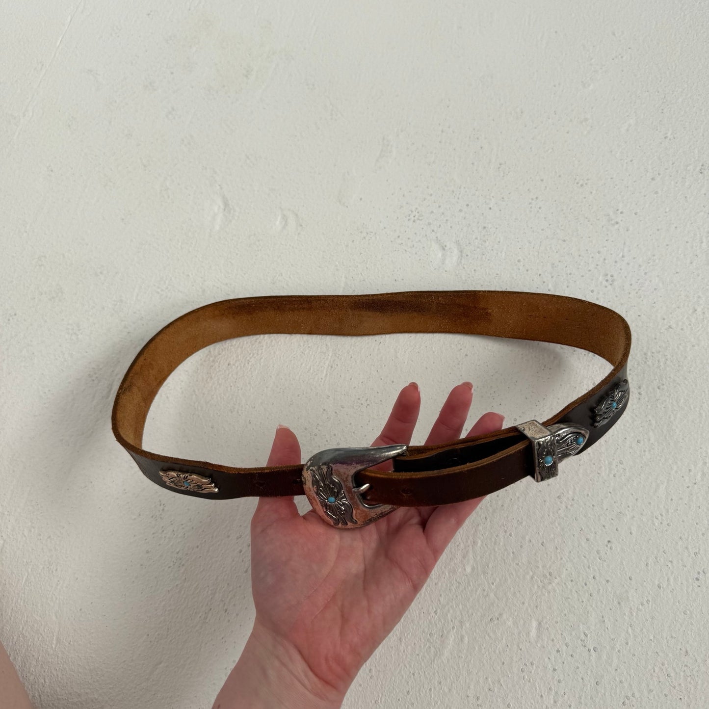 Vintage Western Turquoise Silver Leather Belt