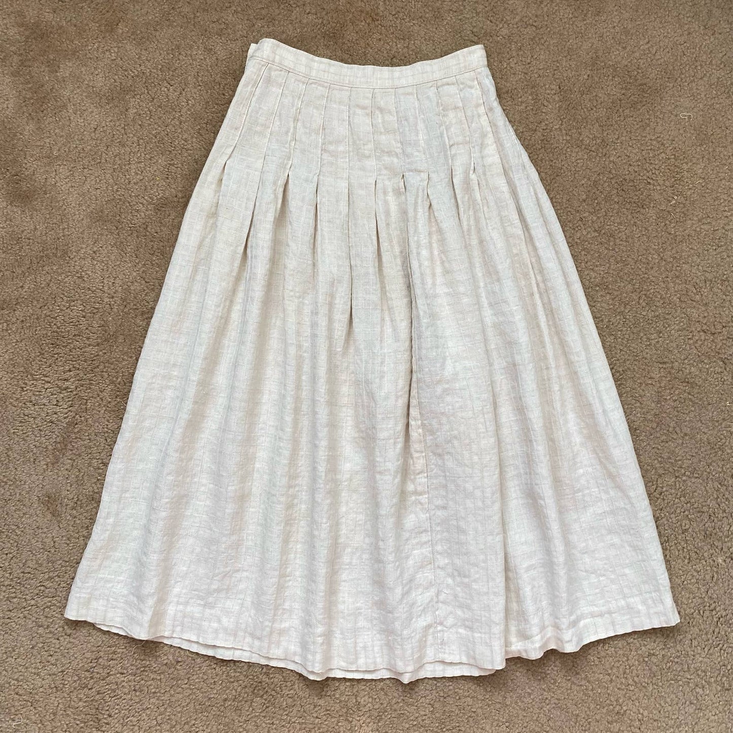Vintage Linen Pleated A-line Midi Skirt, Size 24”