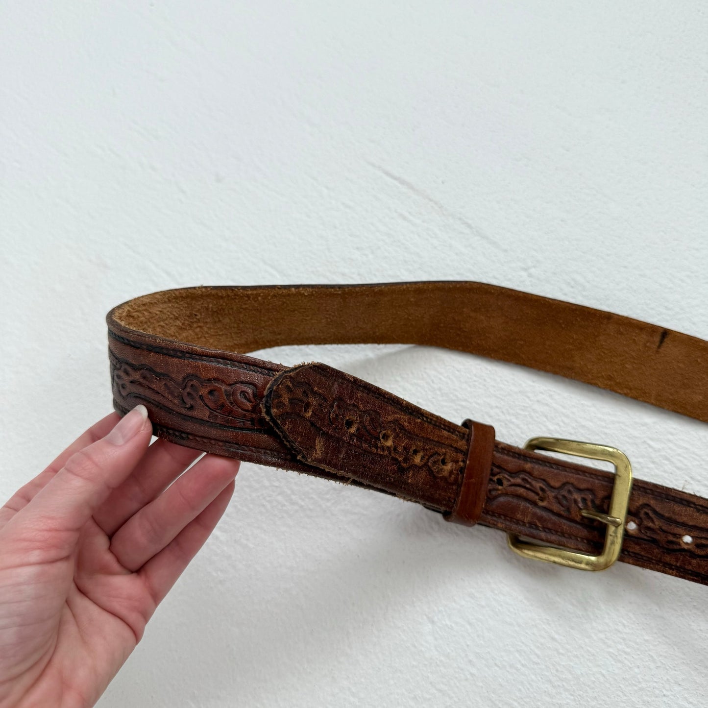 Vintage Brown Tooled Leather Belt, Size M/L