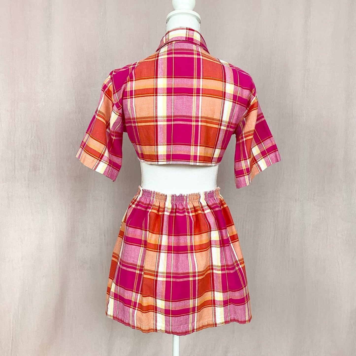 Upcycled Vintage Plaid Crop Shirt & Skirt Set, Size S/M