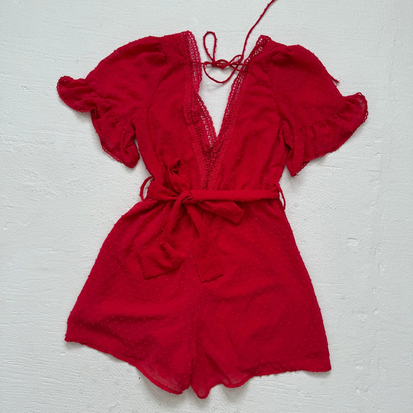 Secondhand Chicways Red Lace Polka Dot Romper, Size Small