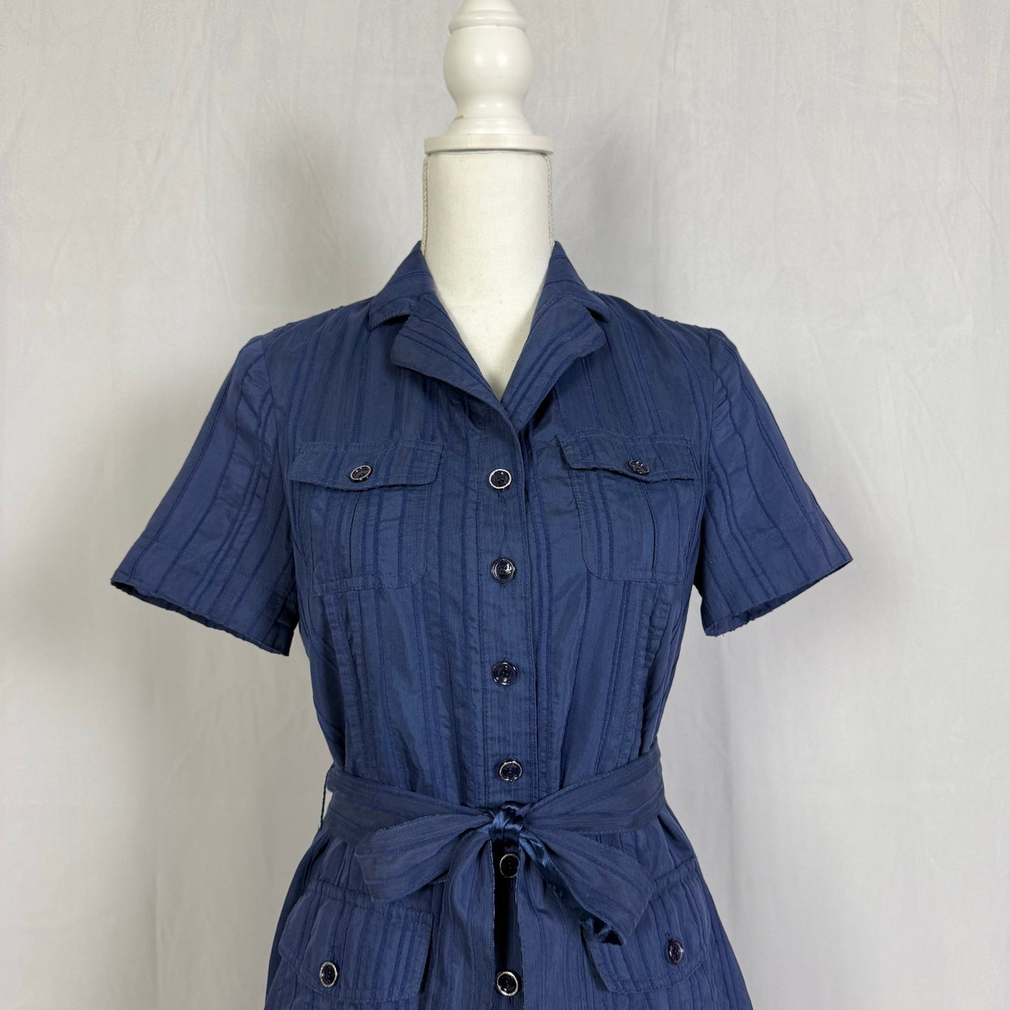 Secondhand Voll Navy Blue Button Down Midi Shirt Dress, Size Medium