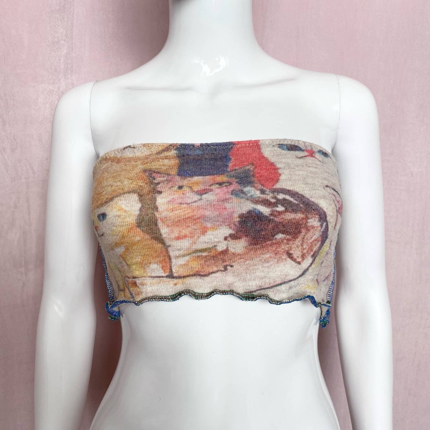 Upcycled Knit Cats Crop Tube Top, Size S/M