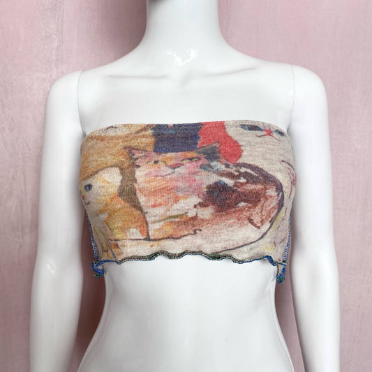 Upcycled Knit Cats Crop Tube Top, Size S/M