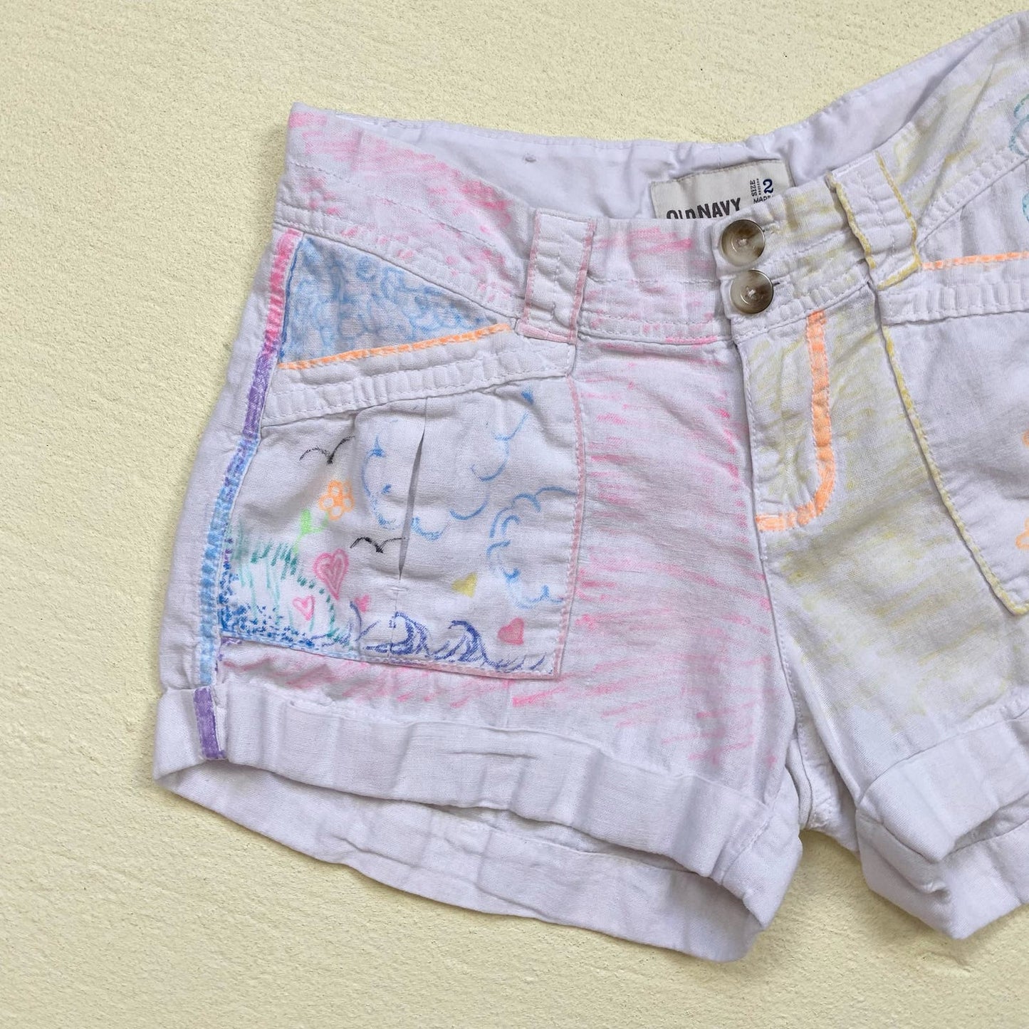 Upcycled Old Navy Doodle Art Linen Blend Shorts, Size 2