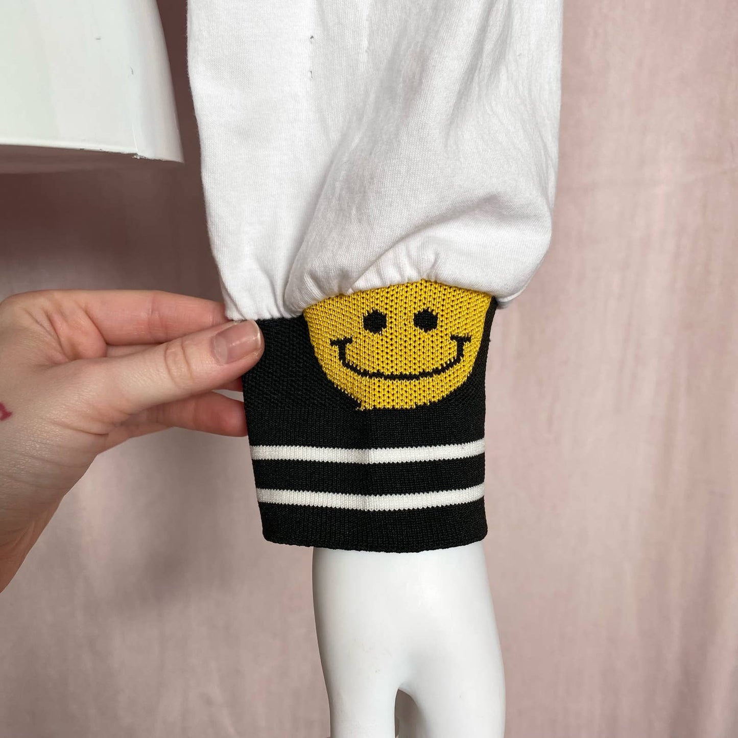 Reworked Distressed Smiley Face Crop Long Sleeve, One Size