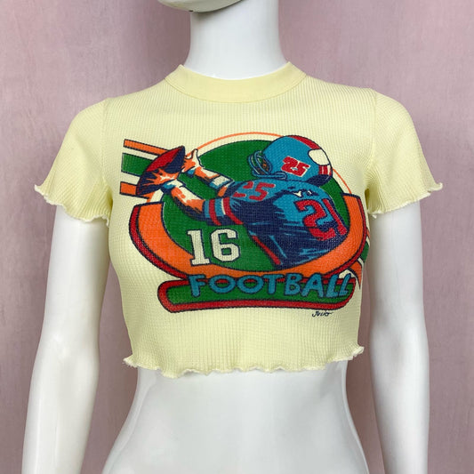 Upcycled Vintage Football Graphic Crop Baby Tee, Size XS
