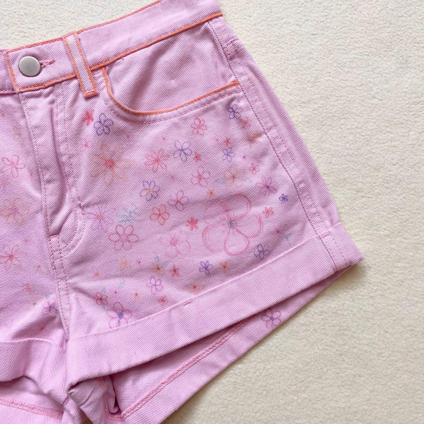 Upcycled American Apparel Floral Pink Denim Shorts, Size 25