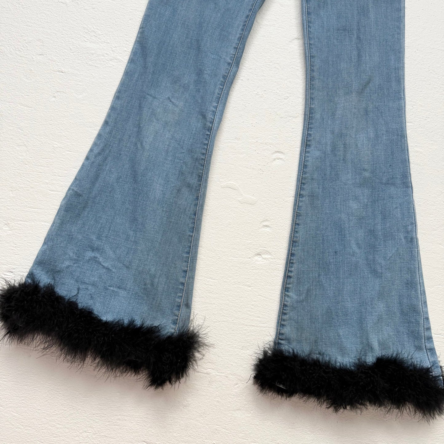 Reworked Edikted Feather Hem High Rise Flare Jeans, Size XS