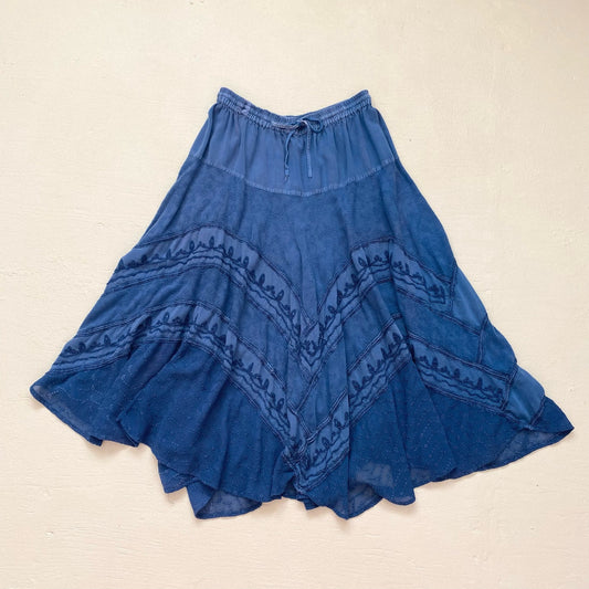 Vintage Boho Hippie Blue Tiered Asymmetrical Midi Skirt, "Free Size"