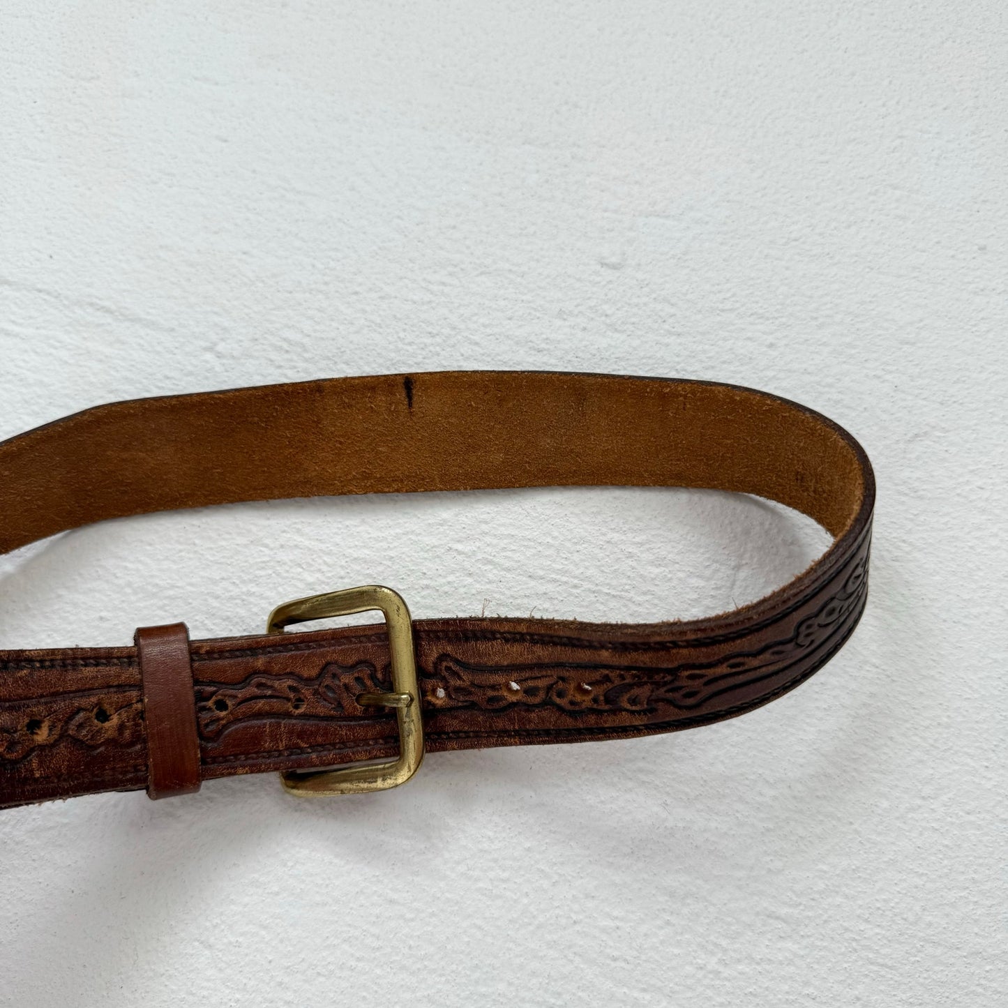 Vintage Brown Tooled Leather Belt, Size M/L
