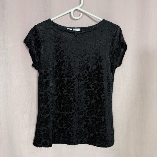 Secondhand DKNY Black Velvet Floral Mesh Short Sleeve Top, Size Medium