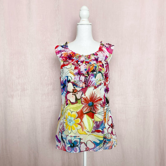 Secondhand Spense Colorful Floral Ruffle Sleeveless Blouse, Size Large