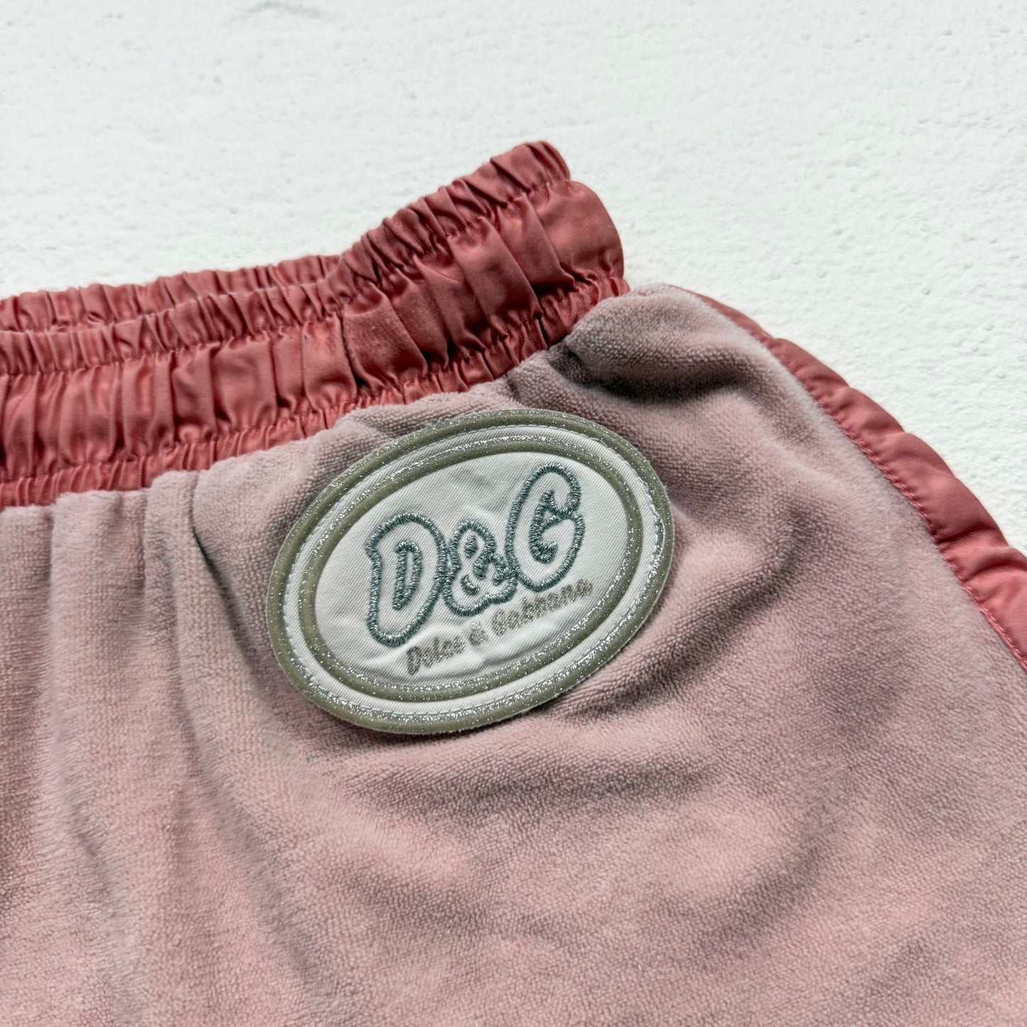 Y2K Dolce & Gabbana Velour Satin Trim Logo Shorts, Size Small