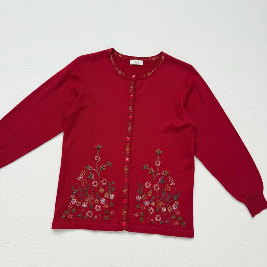 Secondhand Y'Z Collection Embellished Red Holiday Cardigan, Size M/L