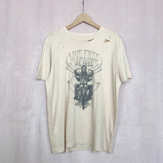 Upcycled Lucky Brand Live Free Die Free Distressed Tee, Size Large