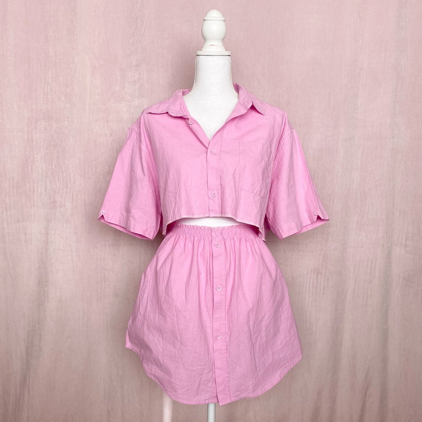 Upcycled Pink Cotton Linen Two Piece Skirt Set, Size M/L