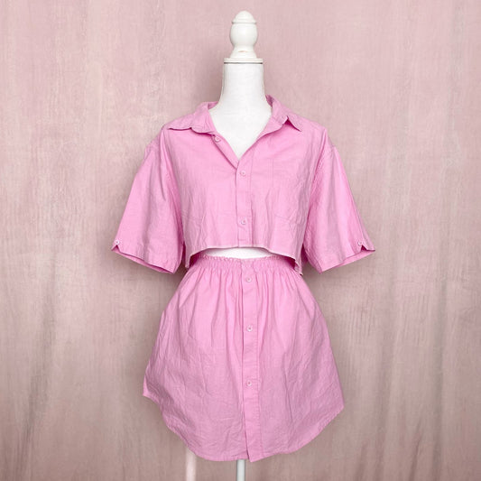 Upcycled Pink Cotton Linen Two Piece Skirt Set, Size M/L