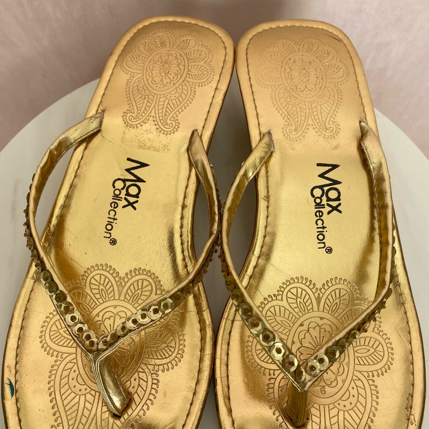 Sequins Max Collection Gold Sequins Wedge Heel Flip Flops, Size 9