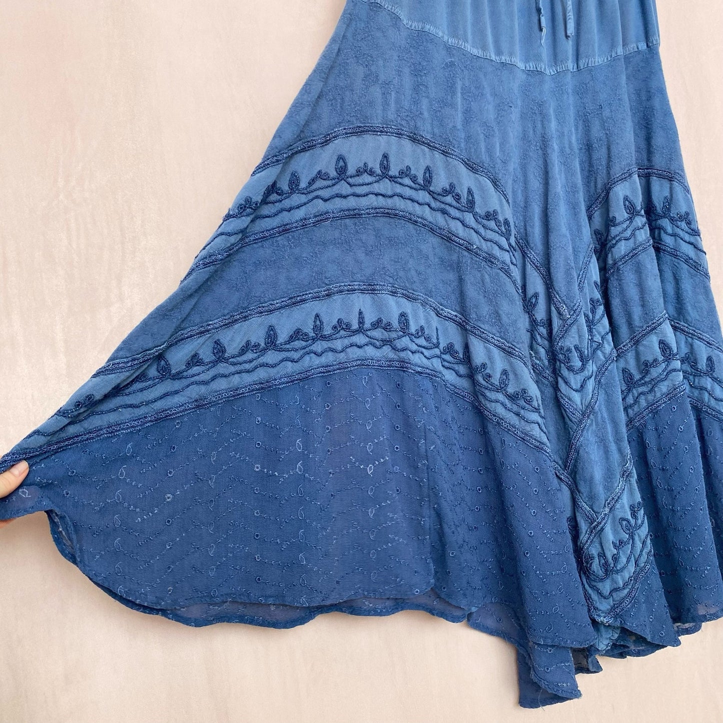 Vintage Boho Hippie Blue Tiered Asymmetrical Midi Skirt, "Free Size"