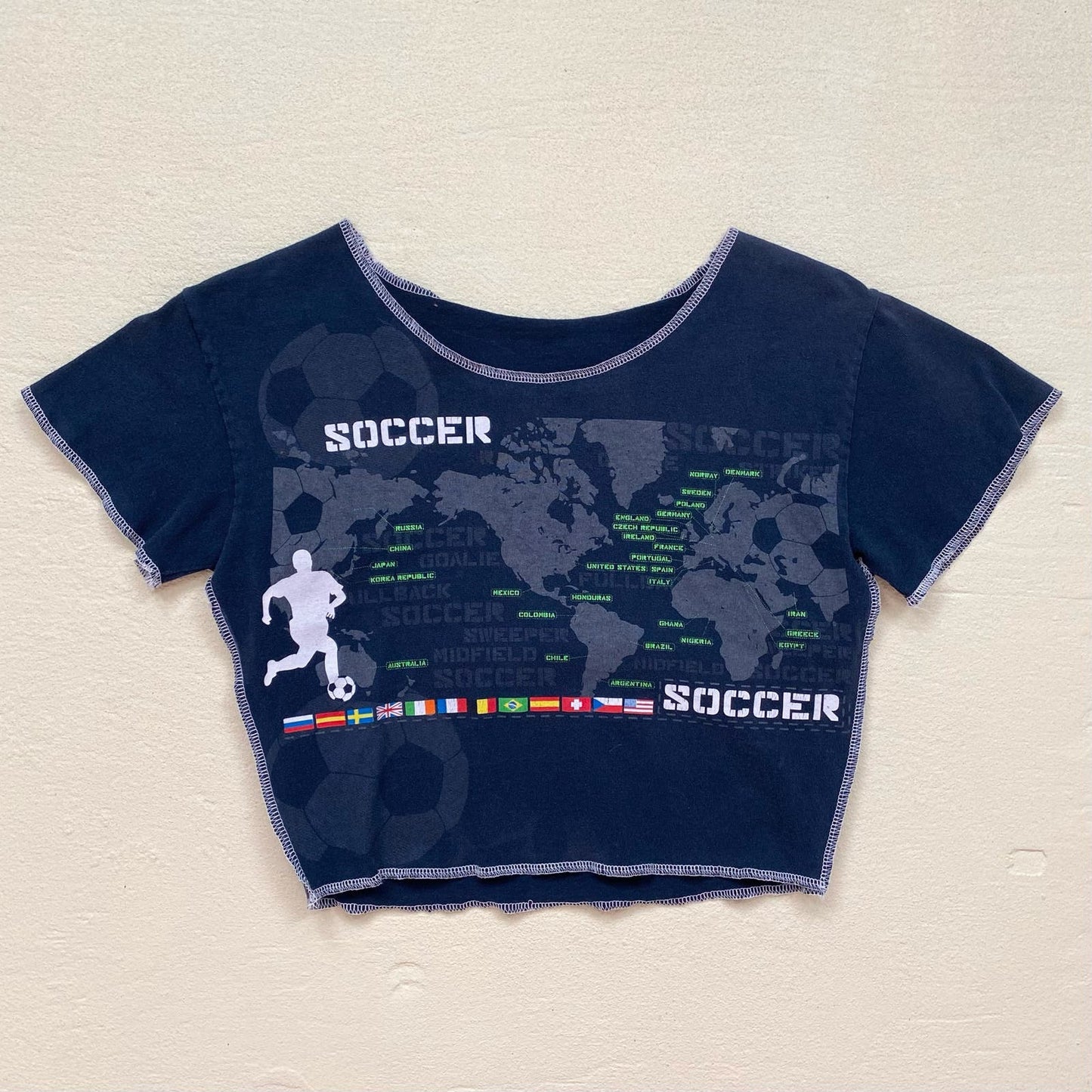 Upcycled Soccer Globe Graphic Crop Baby Tee, Size XS